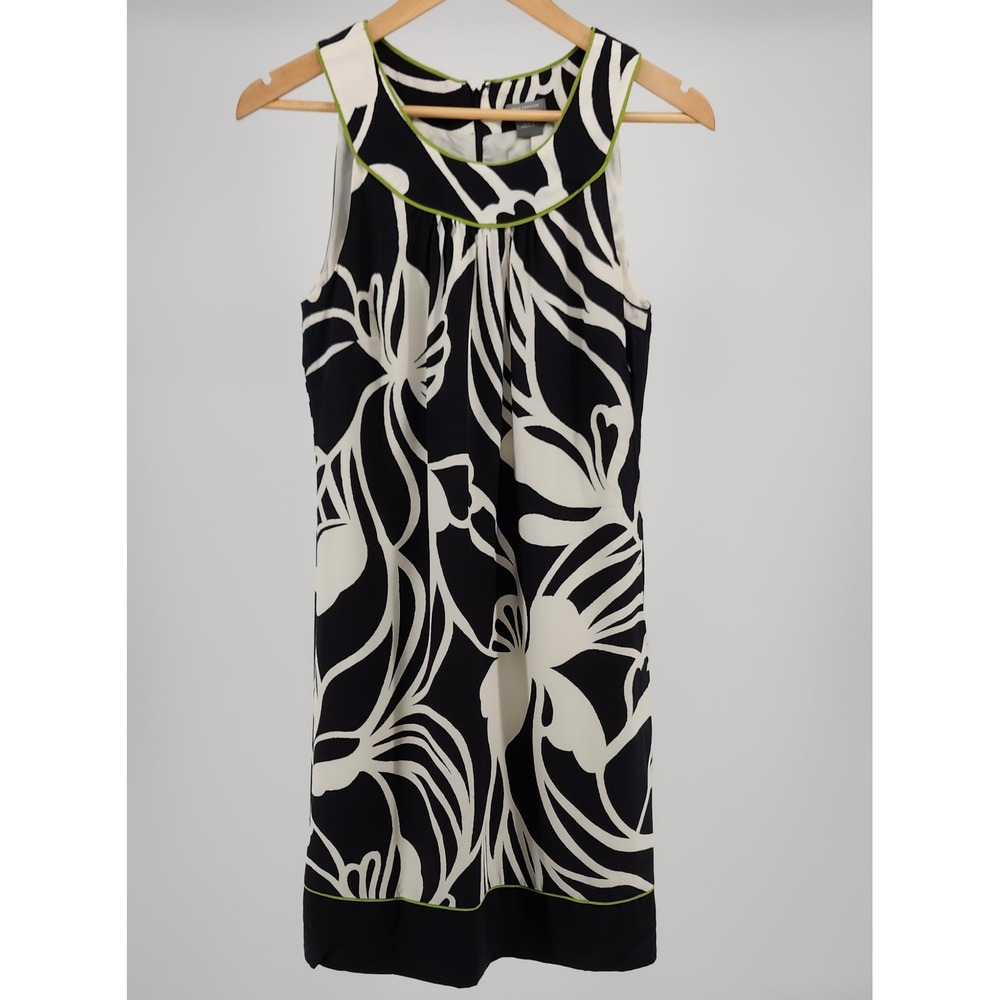 Ann Taylor Black White Floral Shift Dress Lime Green Trim Sleeveless Size 6